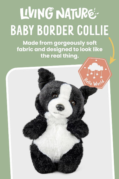 Plush baby border collie toy with text about its soft fabric and design inspiration on a green background.