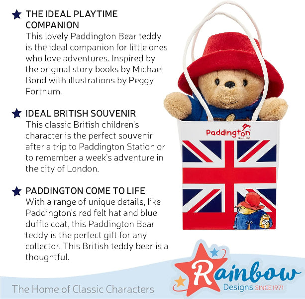 Paddington Bear teddy bear with a Union Jack bag on a white background, featuring text about the character.