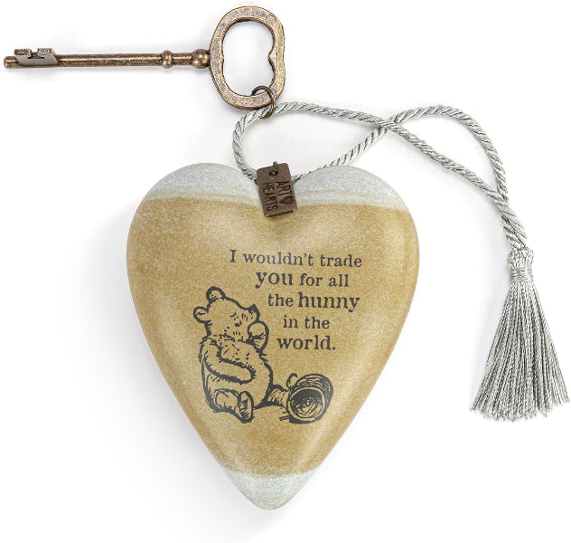 Heart-shaped wooden ornament with a key and tassel, featuring a Winnie the Pooh illustration and quote.
