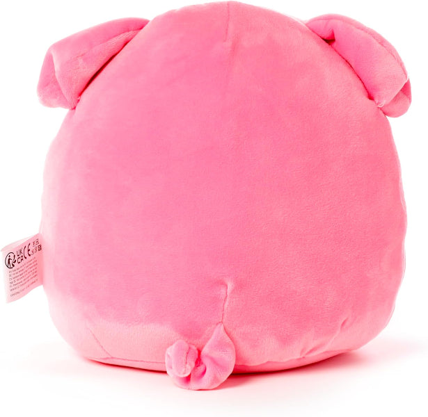 Pink plush toy with a tag on a white background