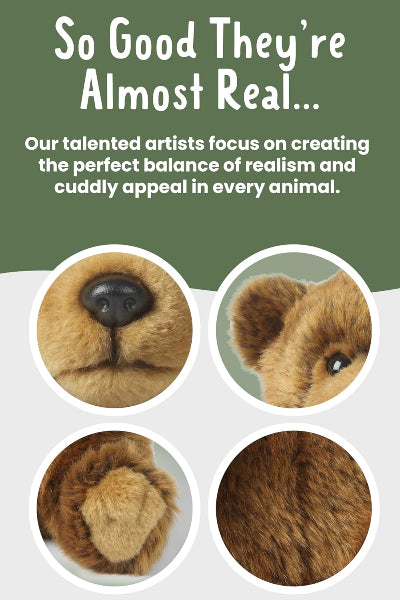 Close-up of a teddy bear's face with text about artists' focus on realism and cuddly appeal.
