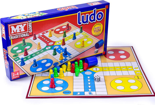 Ludo board game set with colorful pieces and dice, next to its packaging.