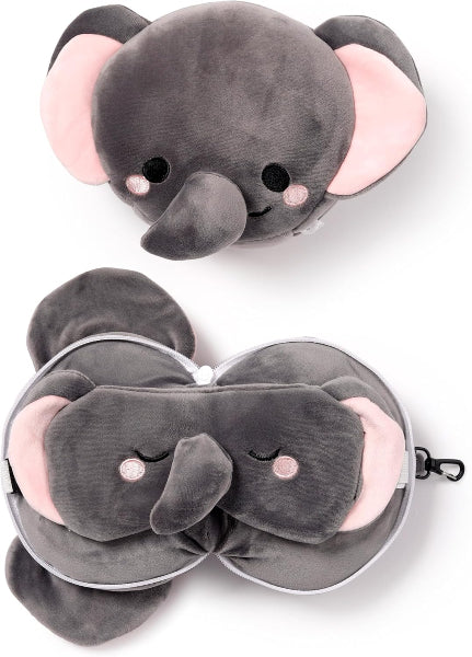 Gray elephant-shaped pillow with pink accents on a white background