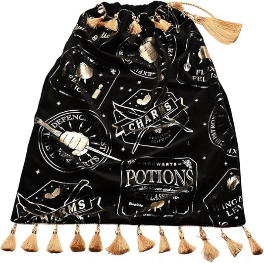 Black drawstring bag with white text and designs, featuring tassels on a white background.