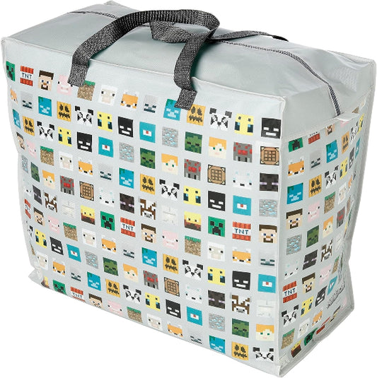 Storage bag with pixelated character pattern on a white background