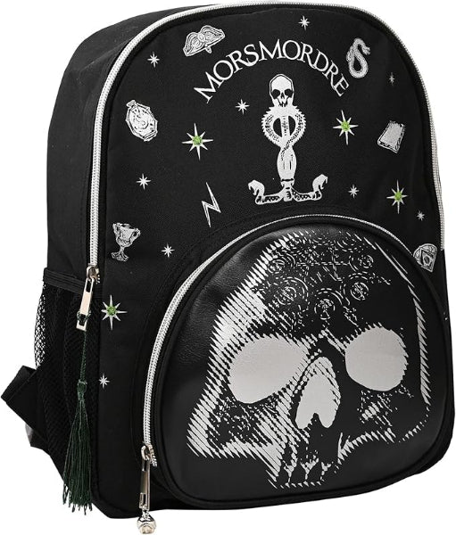 Black backpack with skull design and 'Morsmordre' text on a white background
