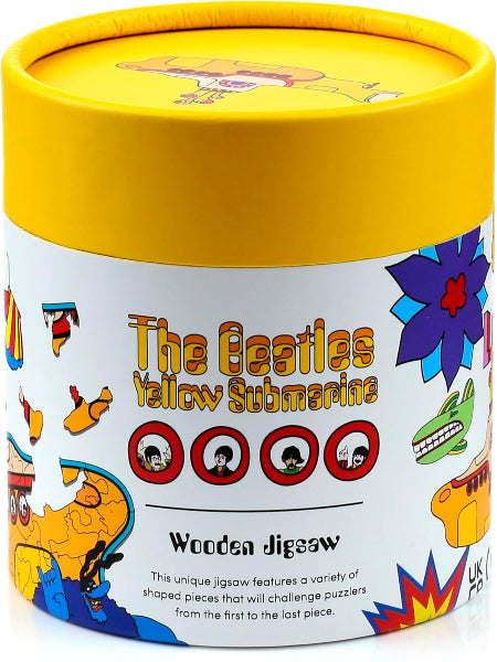 The Beatles Yellow Submarine wooden jigsaw packaging with colorful design and yellow lid.