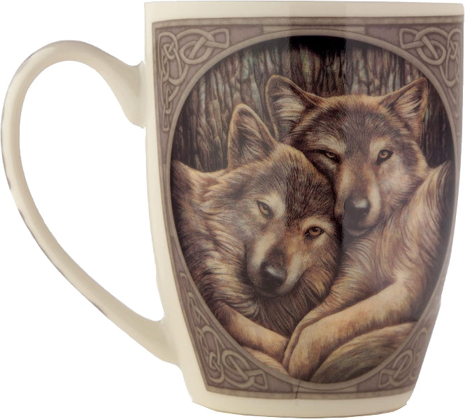 Mug with a design of three wolves on a white background