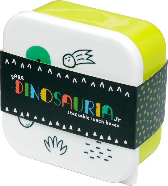 Stackable lunch box with colorful 'Dinosauria' branding on a white background