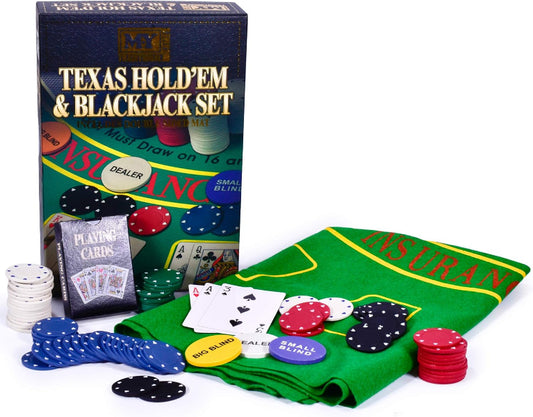 Poker set with cards, chips, and dealer mat on a white background
