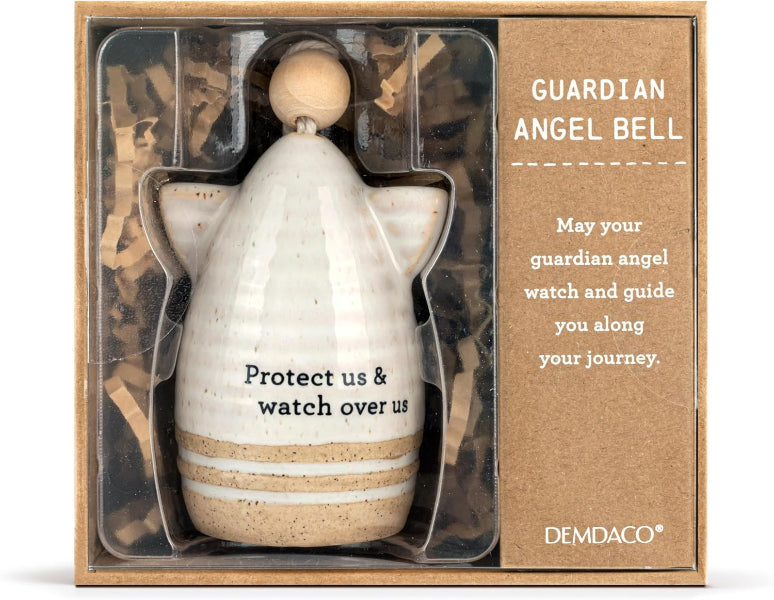 Guardian angel bell in packaging with text and Demdaco branding