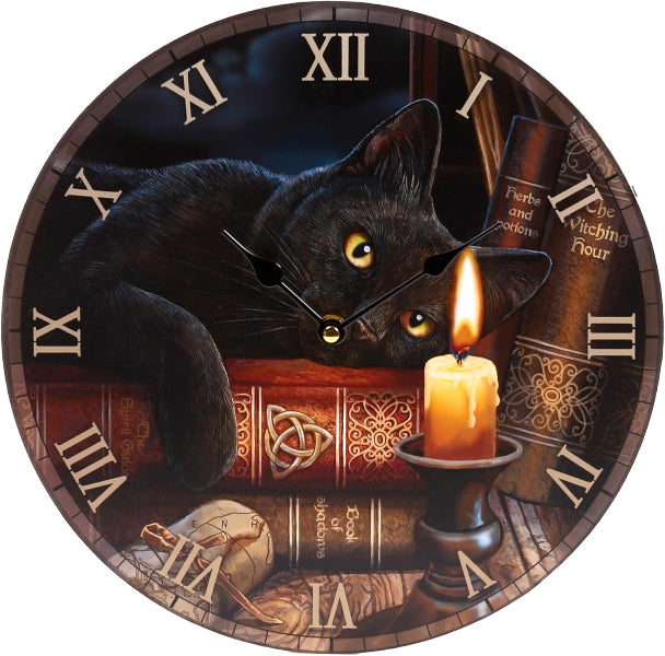 Decorative clock with a black cat and candle design