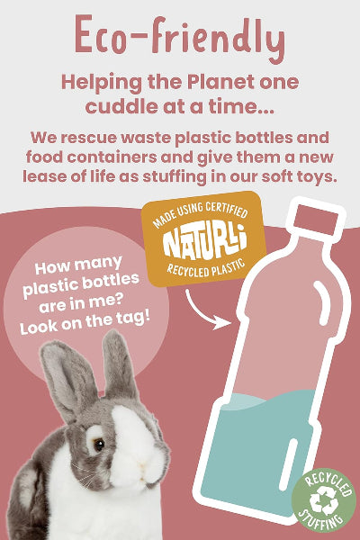 Eco-friendly soft toy packaging with a rabbit illustration and text about recycled plastic bottles.