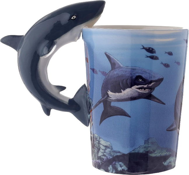 Shark-shaped mug with a shark design on the cup