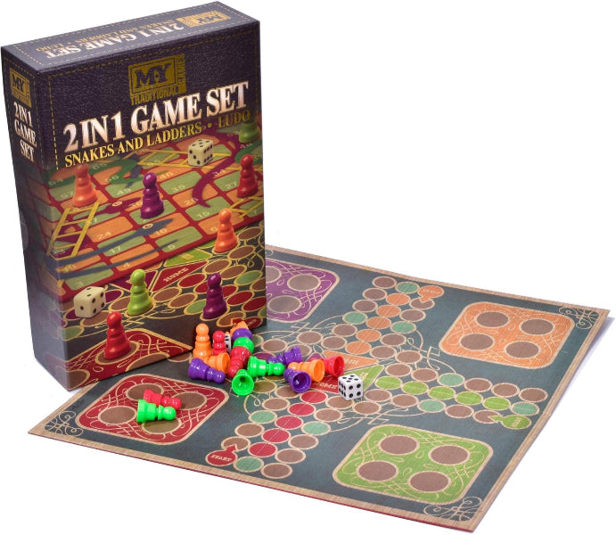 2-in-1 game set with snakes and ladders board, pieces, and dice on a white background
