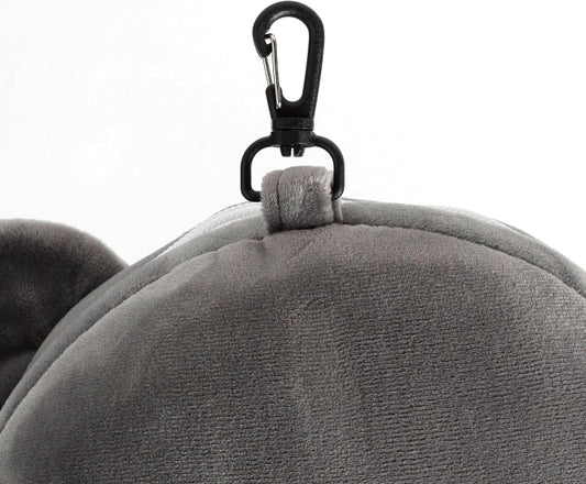 Gray plush toy with a black carabiner clip on a white background