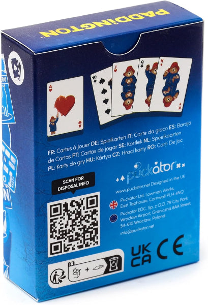 Blue card game box with Paddington bear design on a white background