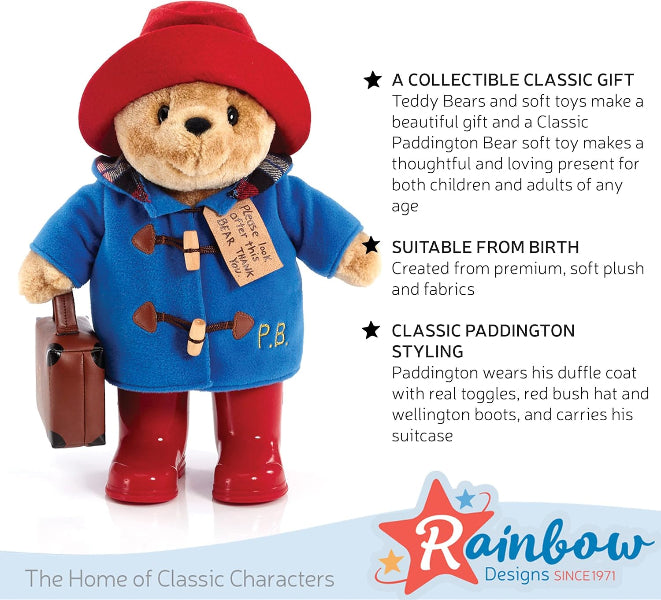 Paddington Bear soft toy with red hat, blue coat, and suitcase on a white background