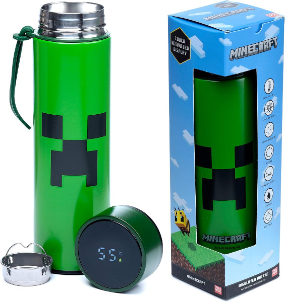 Green insulated bottle with Minecraft Creeper design next to its packaging
