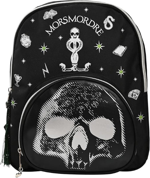 Black backpack with skull design and 'Morsmordre' text on a white background