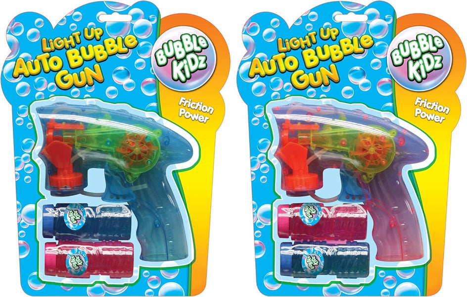 Two packages of Bubble Kidz light-up auto bubble guns on a white background