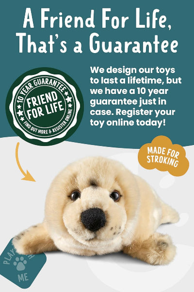 Stuffed animal dog with promotional text about a 10-year guarantee on toys, on a white background.