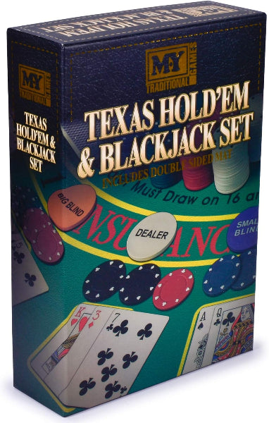 Box for Texas Hold'em and Blackjack set with poker chips and cards on a white background