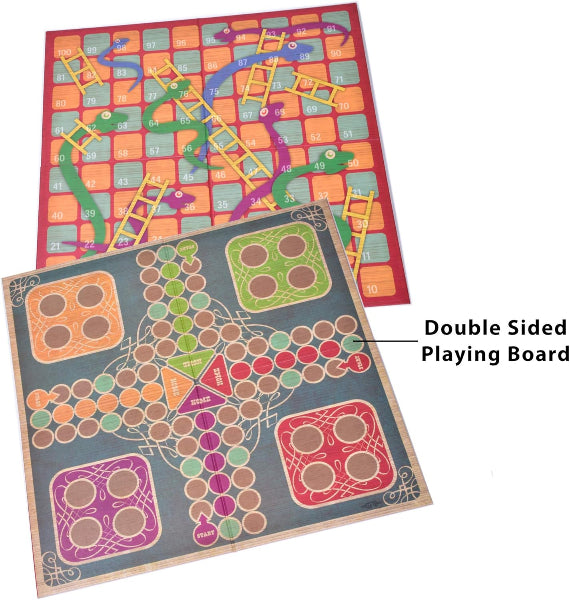 Double-sided playing board with colorful designs on a white background