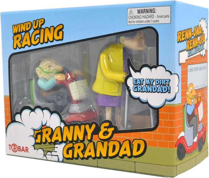 Toy figure packaging with 'Granny & Grandad' and 'Wind Up Racing' text on a blue background.
