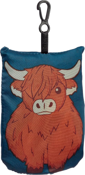 Small pouch with a highland cow design on a blue background