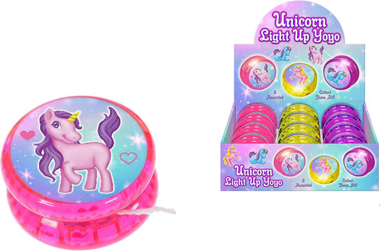 Pink unicorn light-up yo-yo with packaging displaying multiple colors