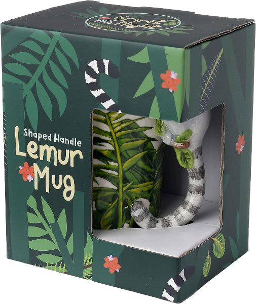 Lemur mug with shaped handle in packaging with leaf design