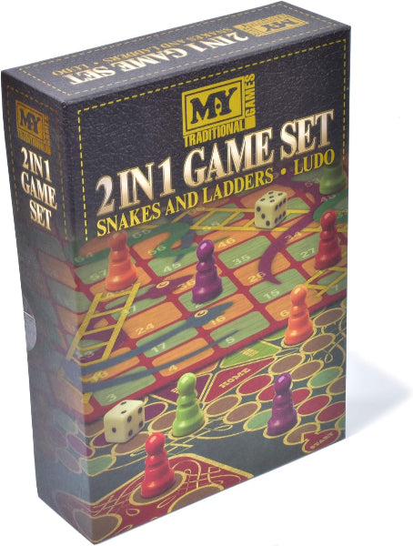 Box of a 2-in-1 game set featuring Snakes and Ladders and Ludo on a white background.