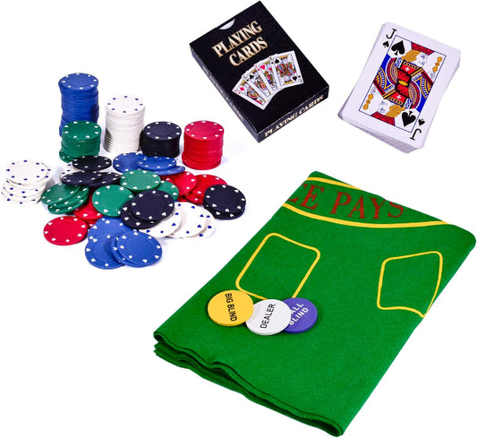 Poker set with cards, chips, and felt tablecloth on a white background