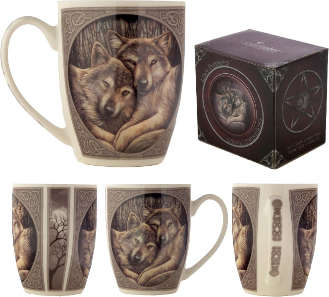 Mug with wolf design and packaging on a white background