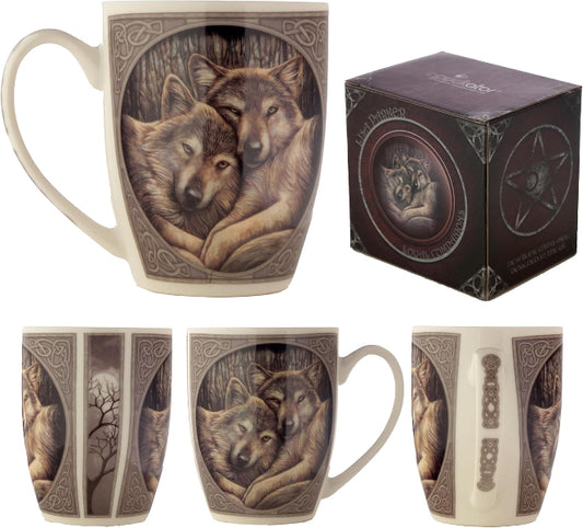 Mug with wolf design and packaging on a white background