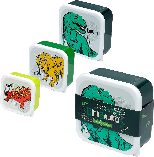 Four small containers with dinosaur illustrations on a white background