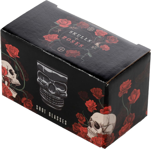 Black box with skull and rose design, labeled 'Skulls & Roses Shot Glasses'.