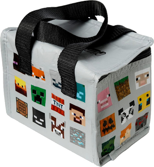 Lunch bag with Minecraft character and block designs on a white background