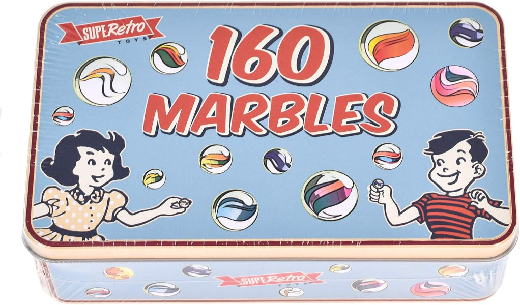 Tin box with '160 Marbles' text and retro design featuring two children and marbles.