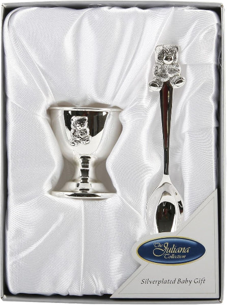 Silverplated baby gift set with spoon and cup in a box, featuring the Juliana Collection logo.