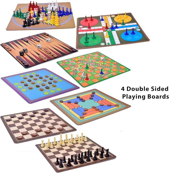 Set of four double-sided board games on a white background