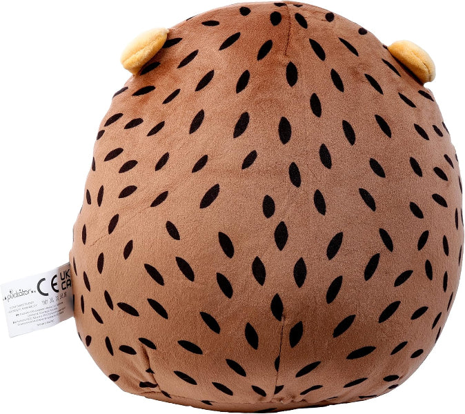 Round brown plush toy with black spots on a white background