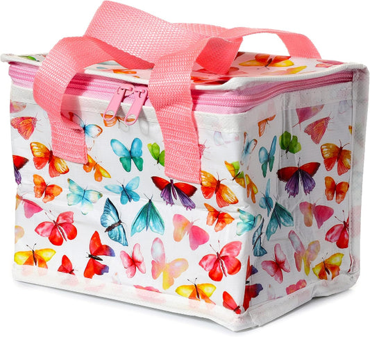 Storage bin with butterfly pattern and pink ribbon on a white background