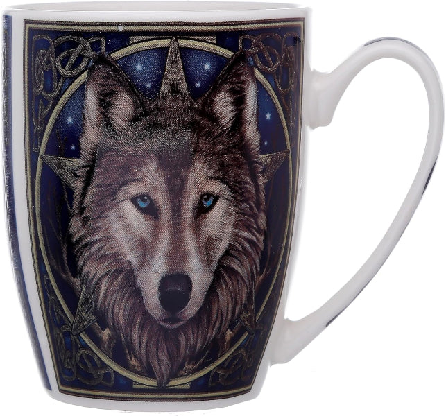 Mug with a wolf design on a dark blue background