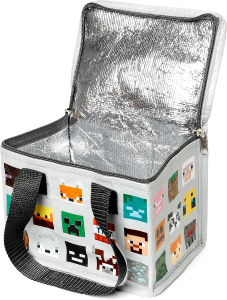 Insulated lunch bag with pixelated character designs on a white background