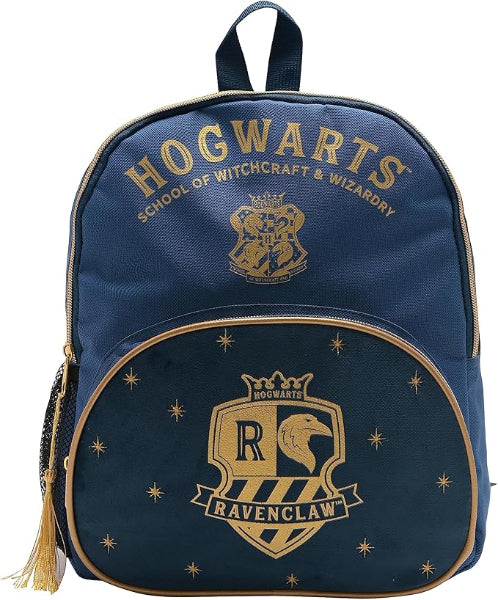 Harry Potter-themed backpack with Hogwarts and Ravenclaw logos on a blue background