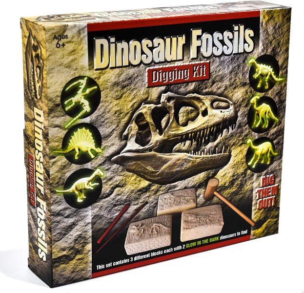 Dinosaur Fossils Digging Kit packaging with a dinosaur skeleton and tools on a rocky background.