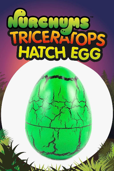 Green dinosaur egg with 'Nurchums Triceratops Hatch Egg' text on a colorful background