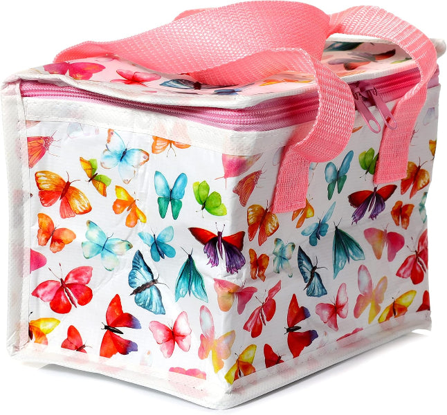  insulated lunch bag with colorful butterfly pattern and pink handle